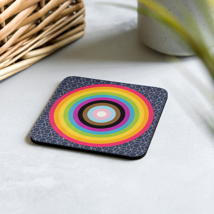 Reverse Progressive Pride Flag Colours Roundel on Hexagons Coaster Coaster The Rainbow Stores