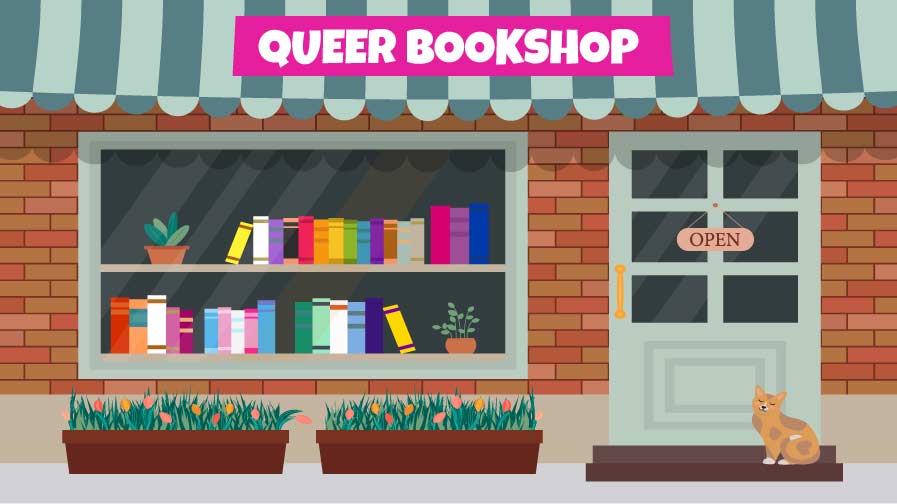 An illustration showing the front of a queer bookstore