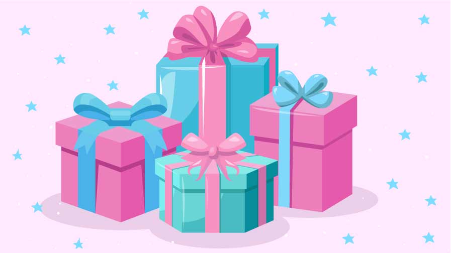 Four gift wrapped presents in Trans Pride Flag colours for our article on gifts for trans women