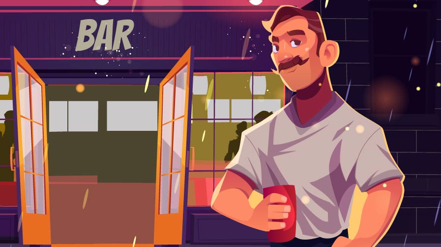 A cartoon illustration depicting a gay man standing outside of a bar