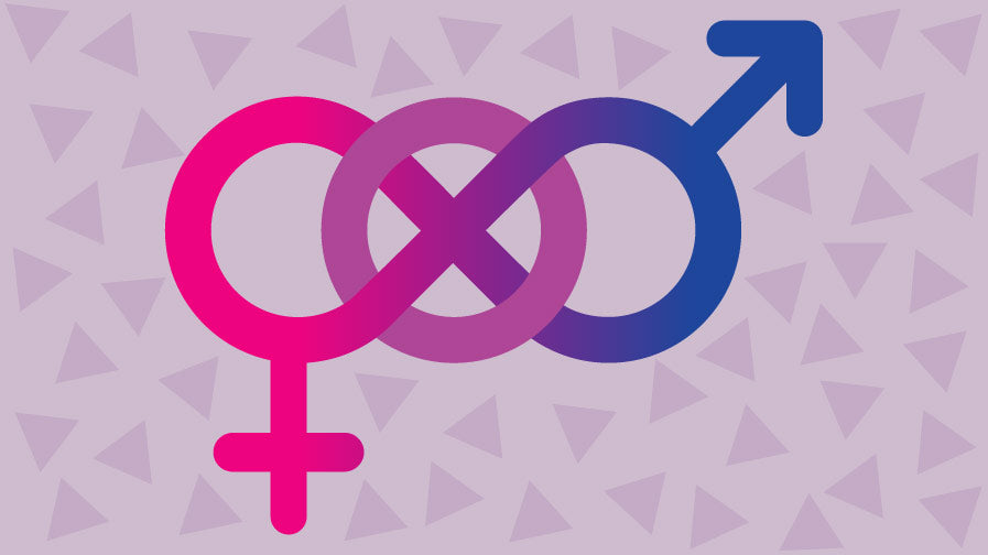 A bisexual glyph in graduated Bisexual pride flag colours  on a dusty pruple background with random darker purple triangles 