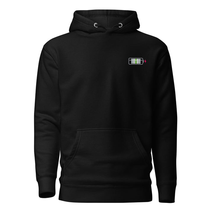 A black hoodie with the hood down, on a white background, with a battery symbol on the right chest as you look at it, with the charging progress sections in the colours of the Agender Pride Flag. By The Rainbow Stores