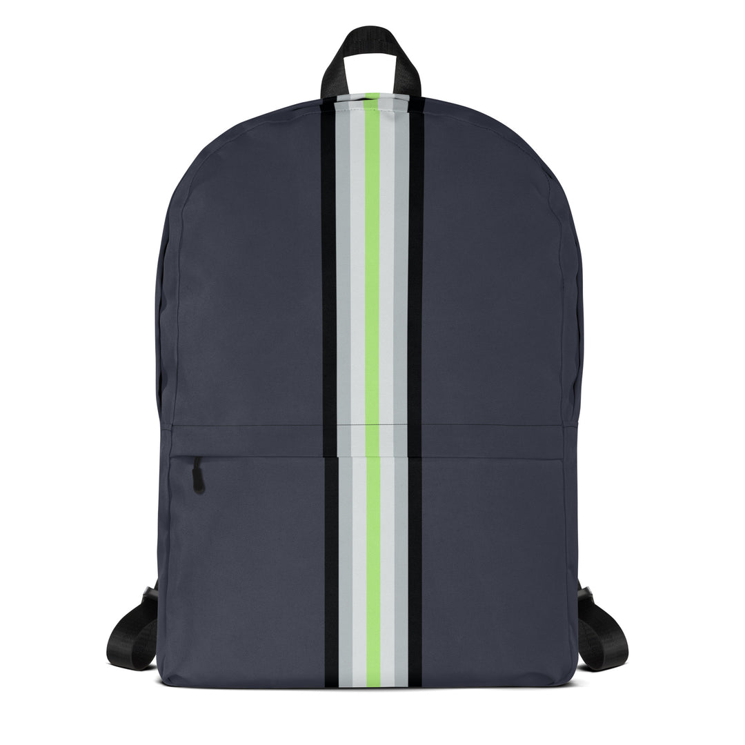 Midnight blue backpack with a Agender Pride Flag as a narrow vertical stripe from top to bottom, on a white background. 