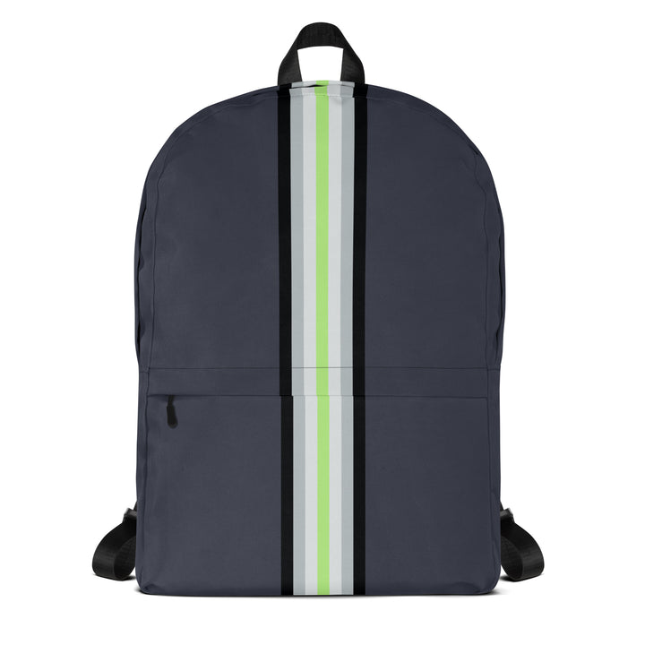 Midnight blue backpack with a Agender Pride Flag as a narrow vertical stripe from top to bottom, on a white background. 
