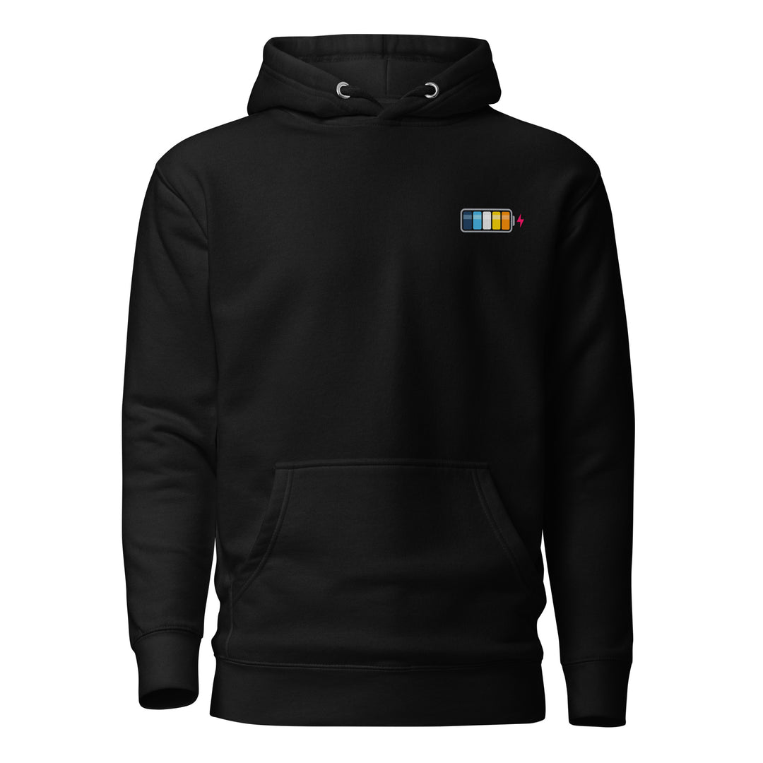 A black hoodie with the hood down, on a white background, with a battery symbol on the right chest as you look at it, with the charging progress sections in the colours of the Aroace Pride Flag. By The Rainbow Stores