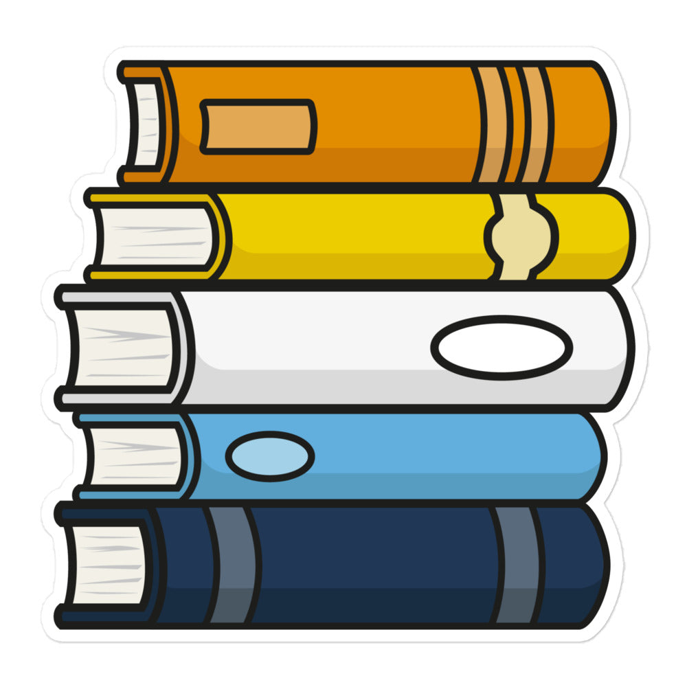 A sticker featuring an illustration of a stack of books in the colours of the Aroace Pride Flag, with a white border