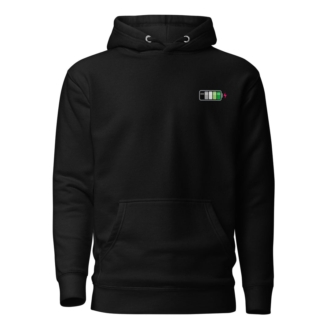 A black hoodie with the hood down, on a white background, with a battery symbol on the right chest as you look at it, with the charging progress sections in the colours of the Aromantic Pride Flag. By The Rainbow Stores