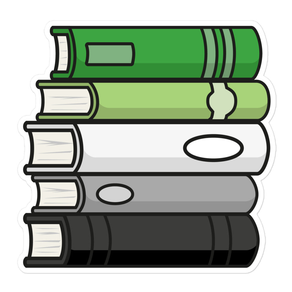 A sticker featuring an illustration of a stack of books in the colours of the Aromantic Pride Flag, with a white border