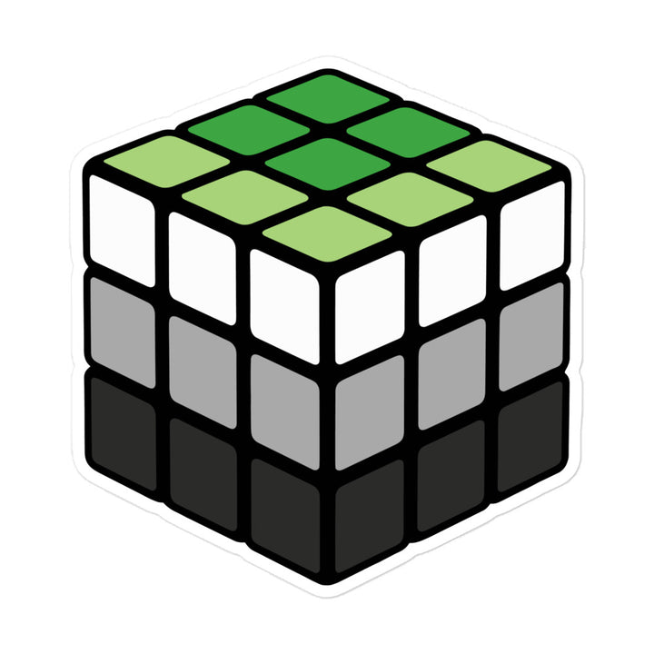 An illustration of a Rubik's Cube with the individual panels in the coloured  stripes of the Aromantic Pride Flag. By The Rainbow Stores