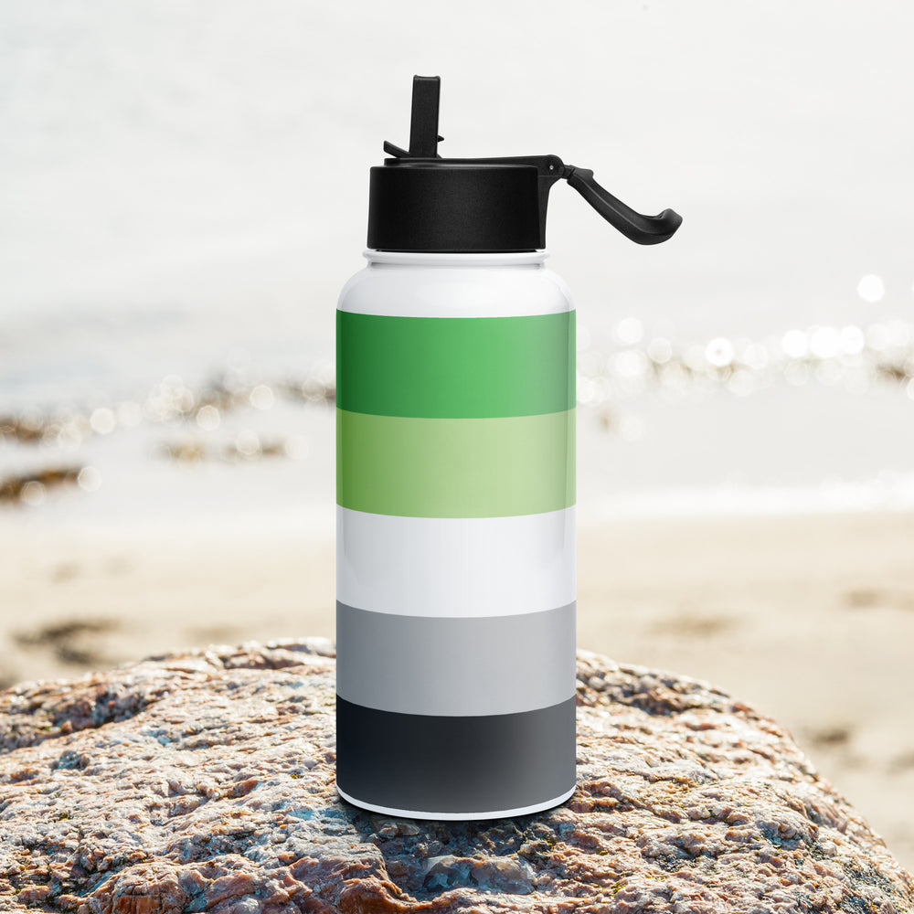 Stainless steel water bottle with a Aromantic Pride Flag printed around it, on a rock with a beach background. By The Rainbow Stores