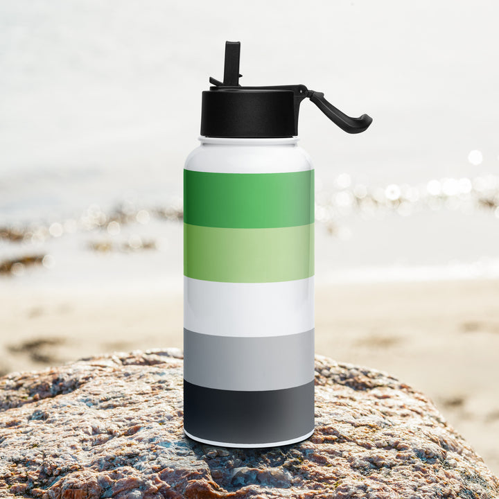 Stainless steel water bottle with a Aromantic Pride Flag printed around it, on a rock with a beach background. By The Rainbow Stores