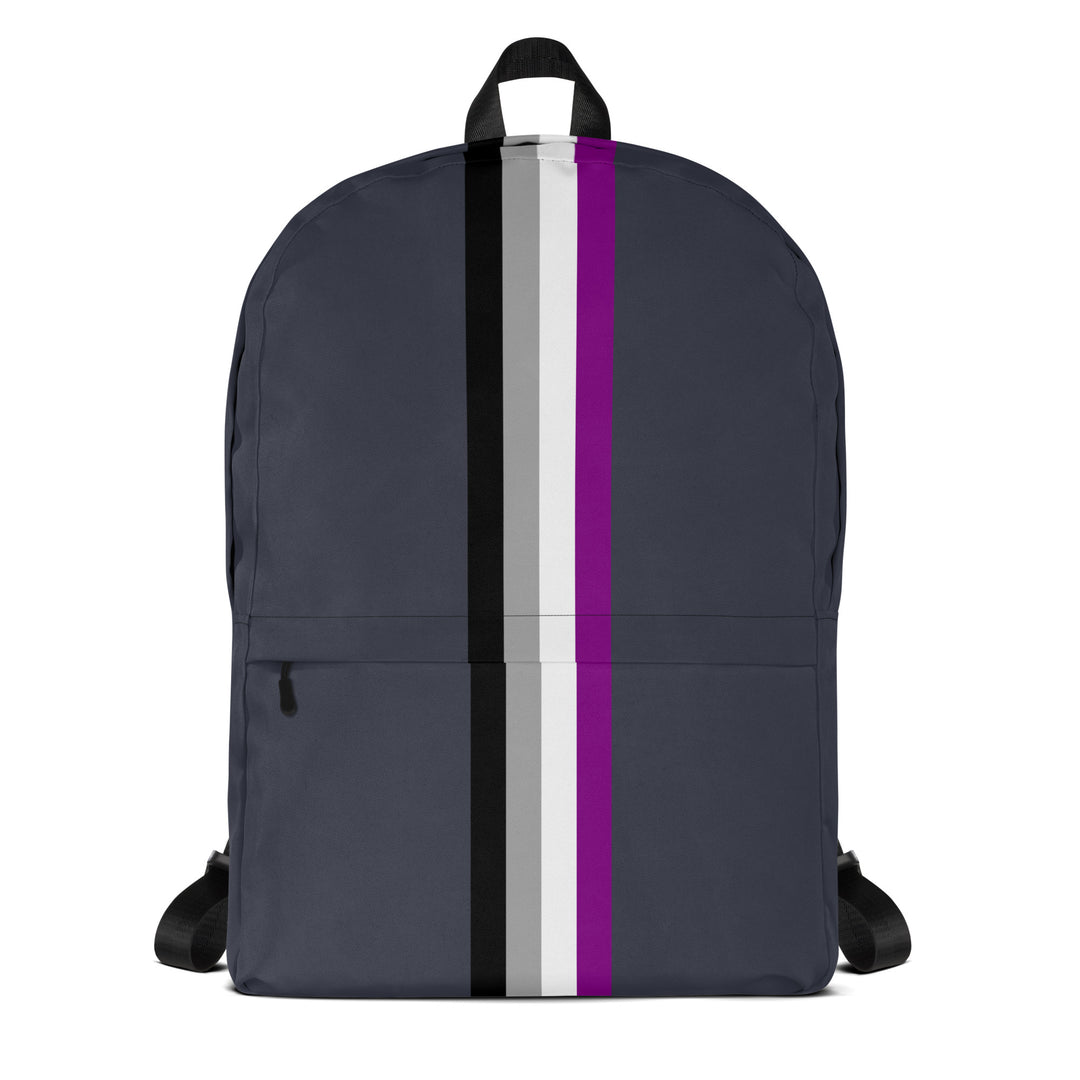 Midnight blue backpack with an Asexual Pride Flag as a narrow vertical stripe from top to bottom, on a white background. 