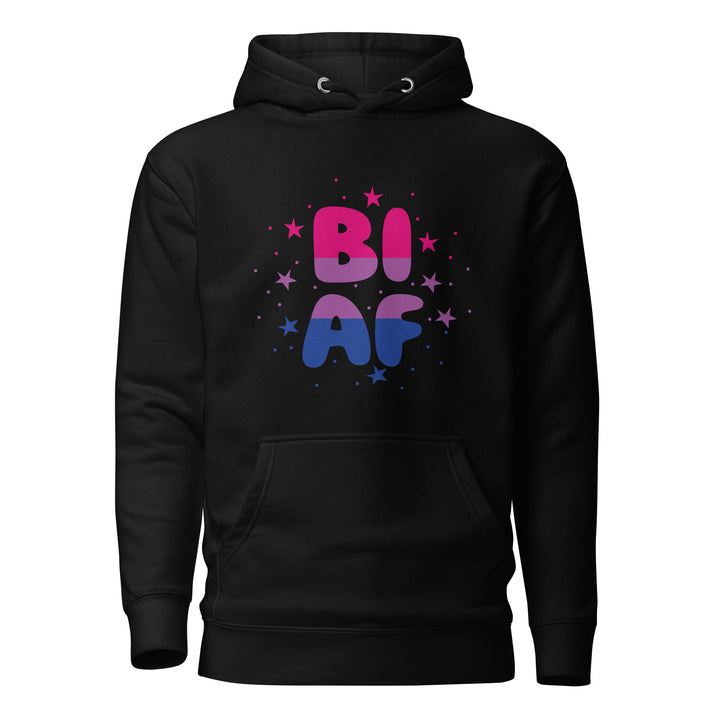 A black hoodie with the hood down, on a white background, with the text BI AF on two lines in the colours of the Bisexual Pride Flag. With small stars all around the text. By The Rainbow Stores
