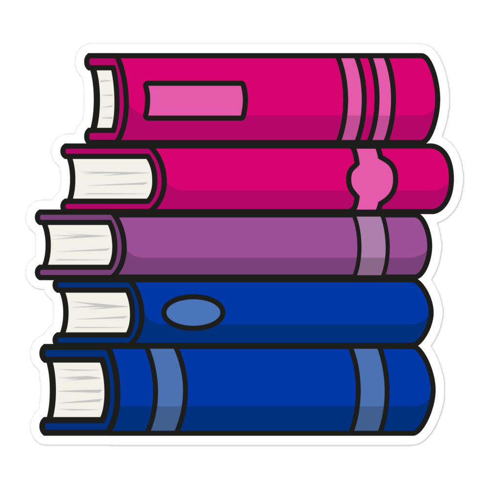 A sticker featuring an illustration of a stack of books in the colours of the Bisexual Pride Flag, with a white border