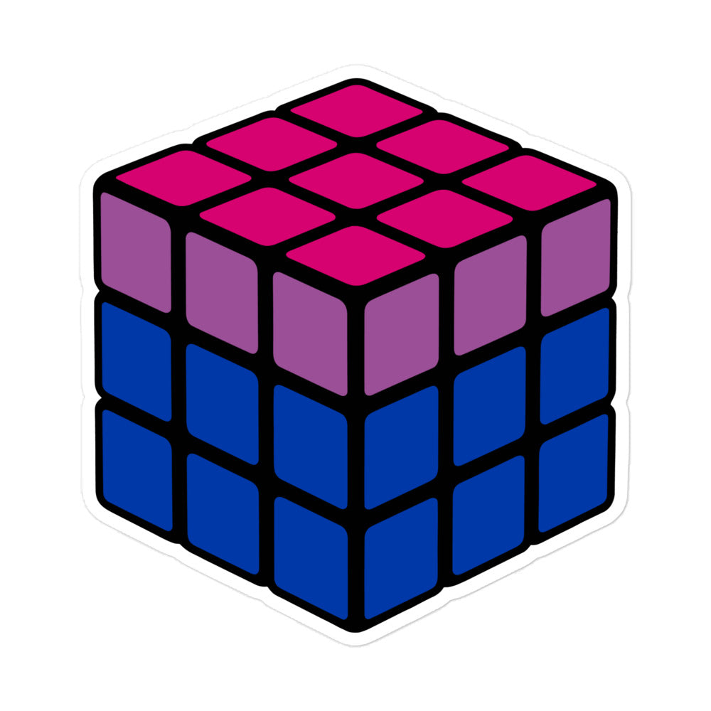 An illustration of a Rubik's Cube with the individual panels in the coloured  stripes of the Bisexual Pride Flag. By The Rainbow Stores