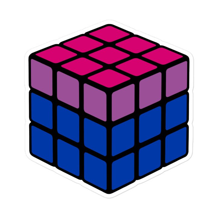 An illustration of a Rubik's Cube with the individual panels in the coloured  stripes of the Bisexual Pride Flag. By The Rainbow Stores