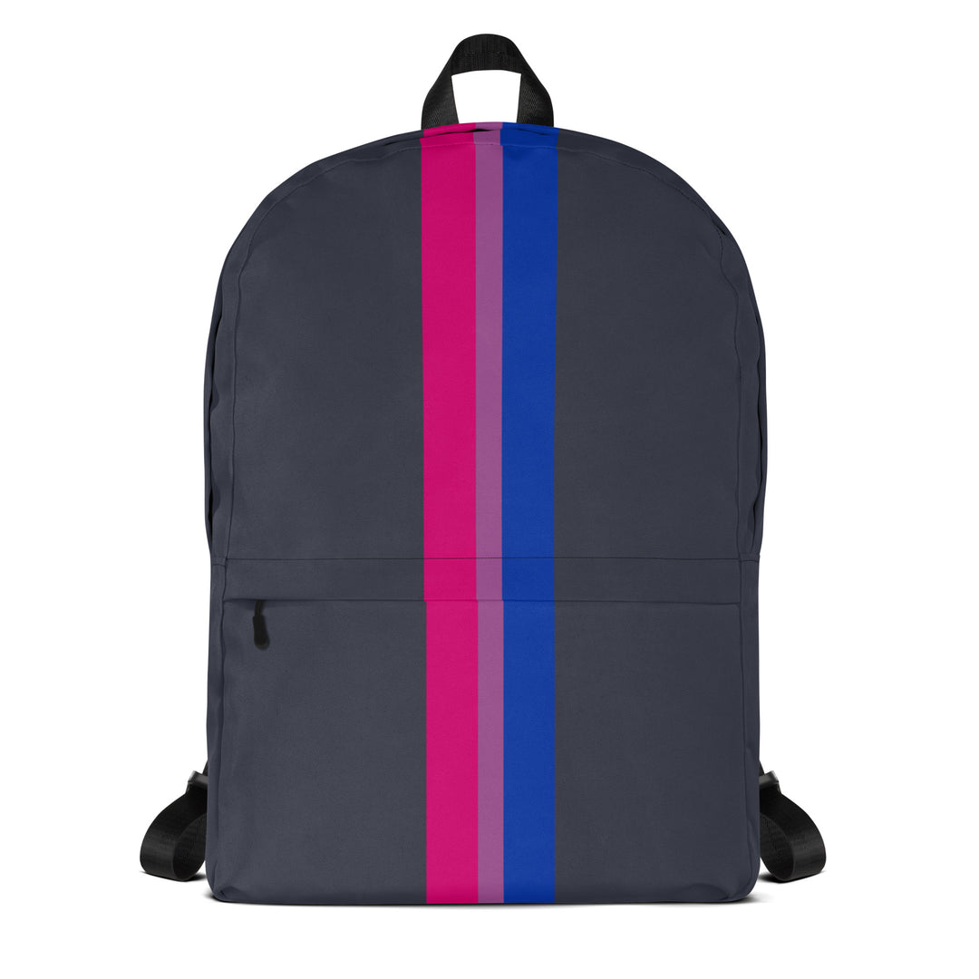 Midnight blue backpack with a Bisexual Pride Flag as a narrow vertical stripe from top to bottom, on a white background. 