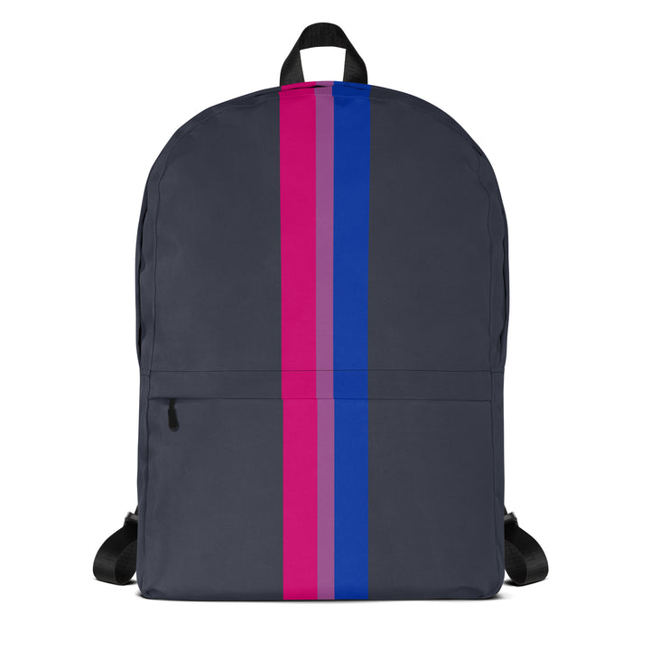 Midnight blue backpack with a Bisexual Pride Flag as a narrow vertical stripe from top to bottom, on a white background. 