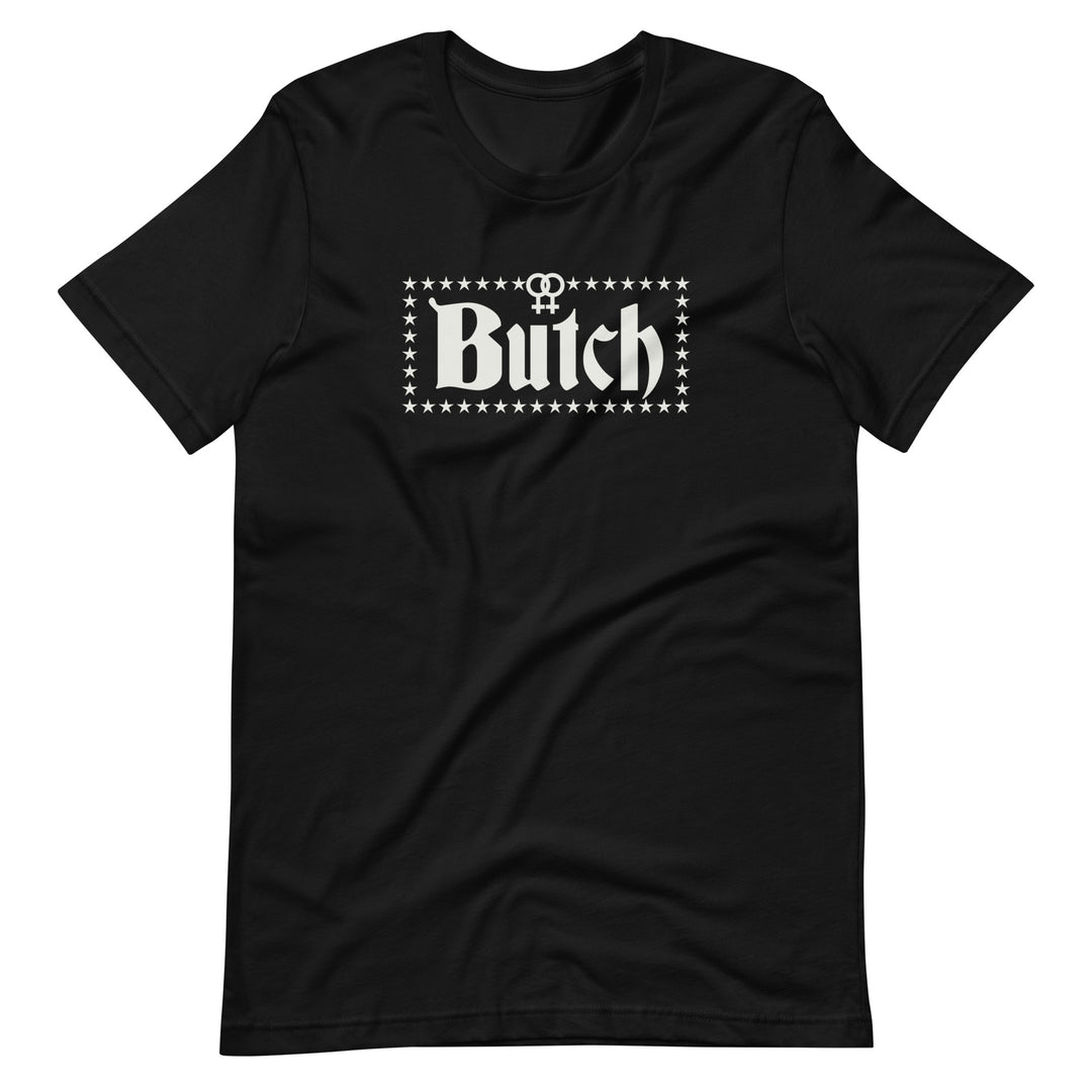 A black t-shirt with the word Butch in white, on the front, in a square made of stars, with a small  double venus inset into the square at the top. On a white background.