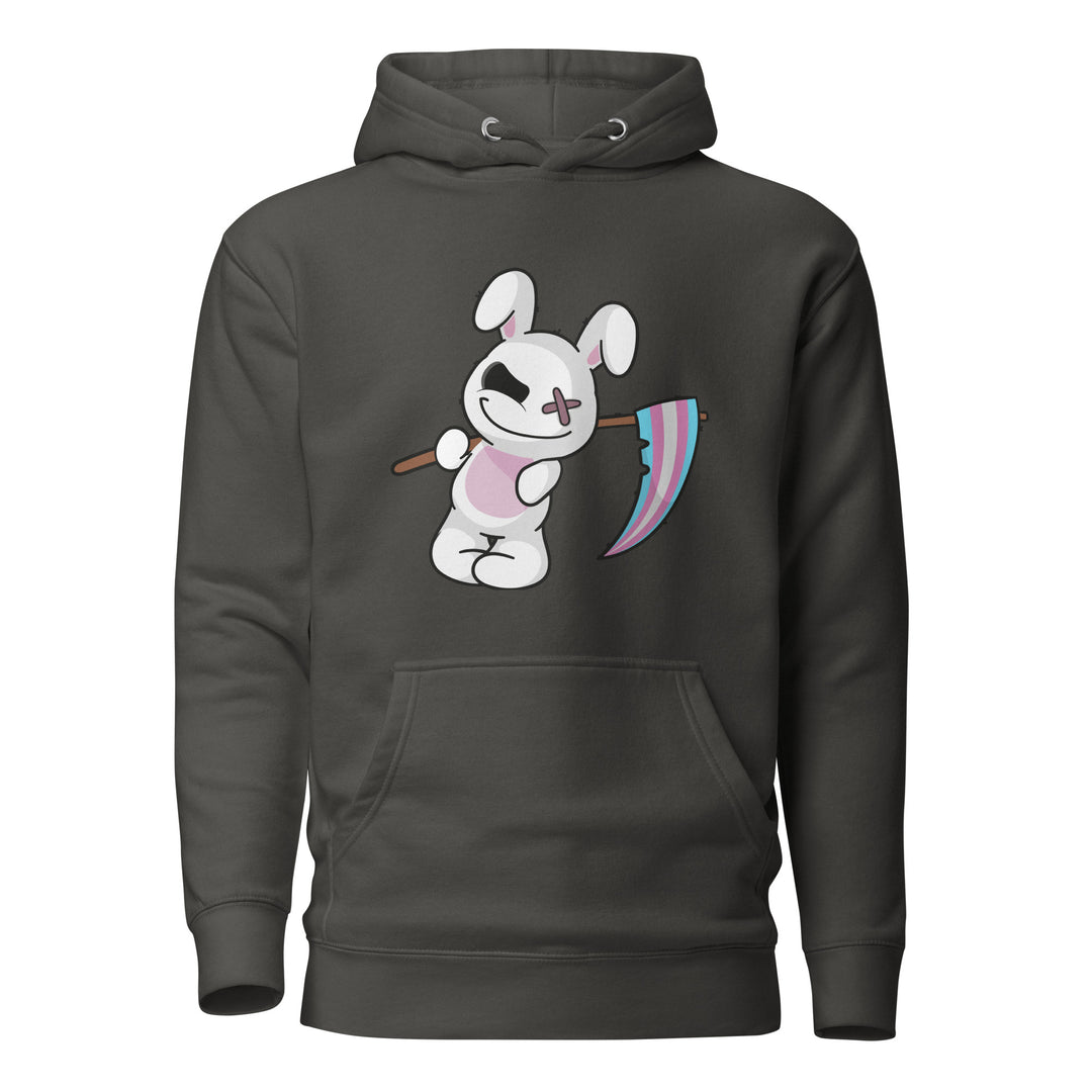 A dark grey hoodie with the hood down, on a white background, with a white cartoon bunny on the front, standing up. The bunny has a hole for one eye, and the other has two plasters over it. Over its shoulder on a wooden pole, is a trans pride flag falling to the ground. By The Rainbow Stores

