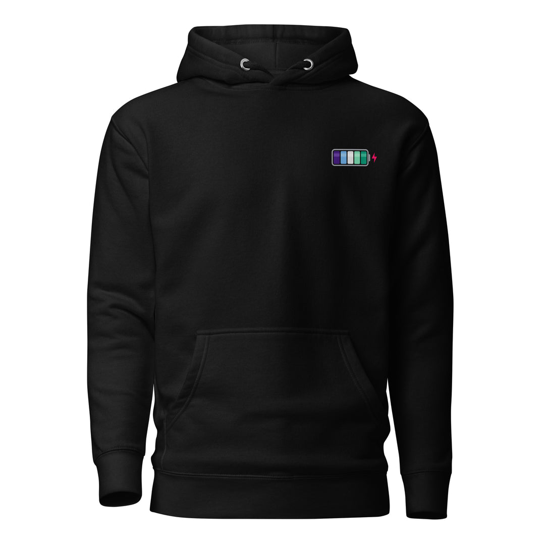 A black hoodie with the hood down, on a white background, with a battery symbol on the right chest as you look at it, with the charging progress sections in the colours of the Gay Men's Pride Flag. By The Rainbow Stores
