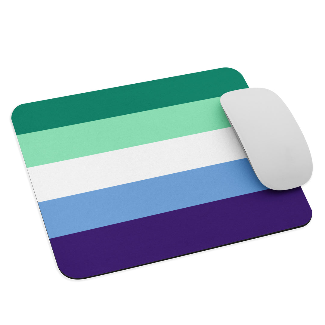 A rectangular mouse pad / mouse mat in the stripes of the Gay Men's Pride Flag