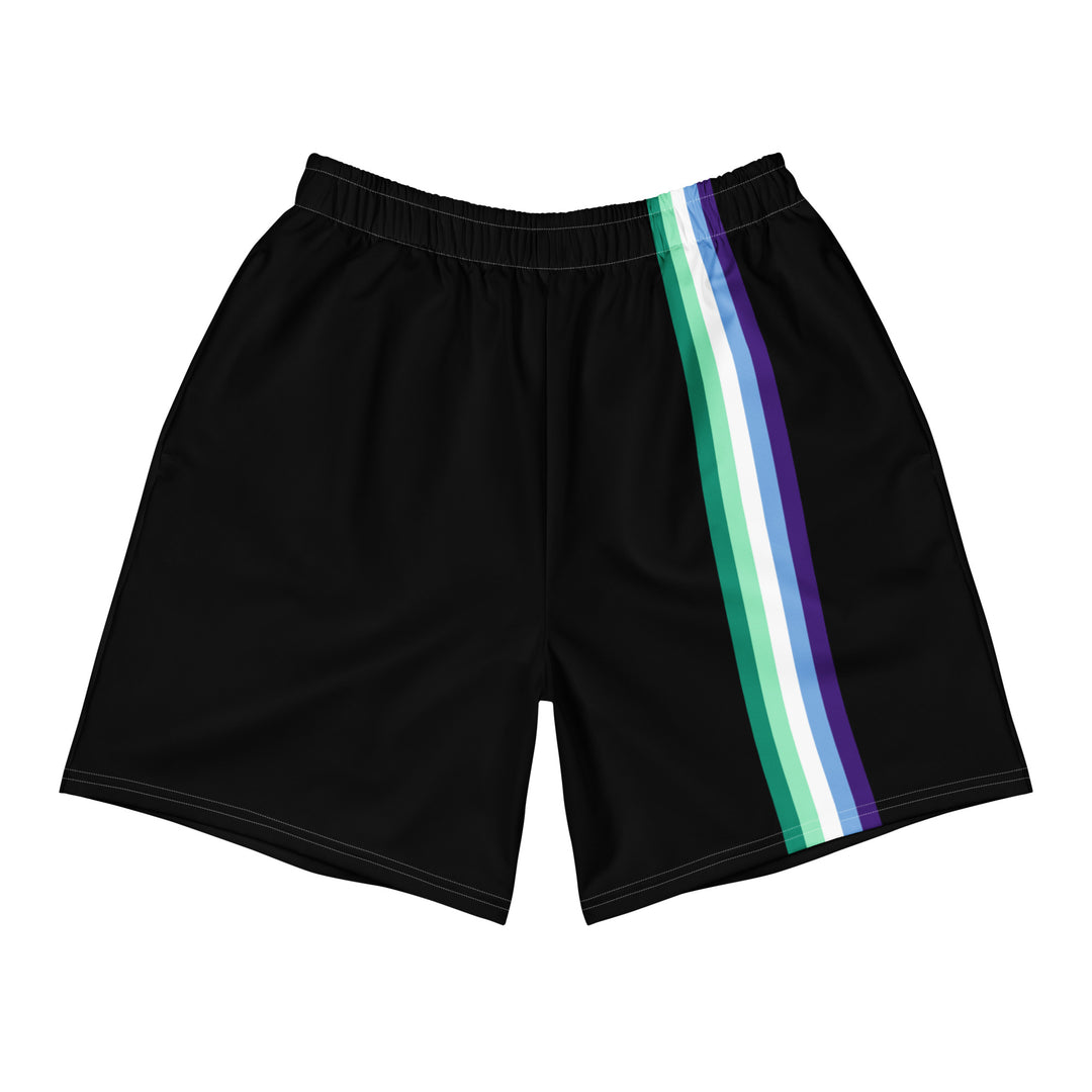 A pair of black long athletic shorts with a vertical stripe down the  left leg made up of the five stripes stripes of the gay men's pride flag: These are dark green, light green, white, light blue and dark blue.