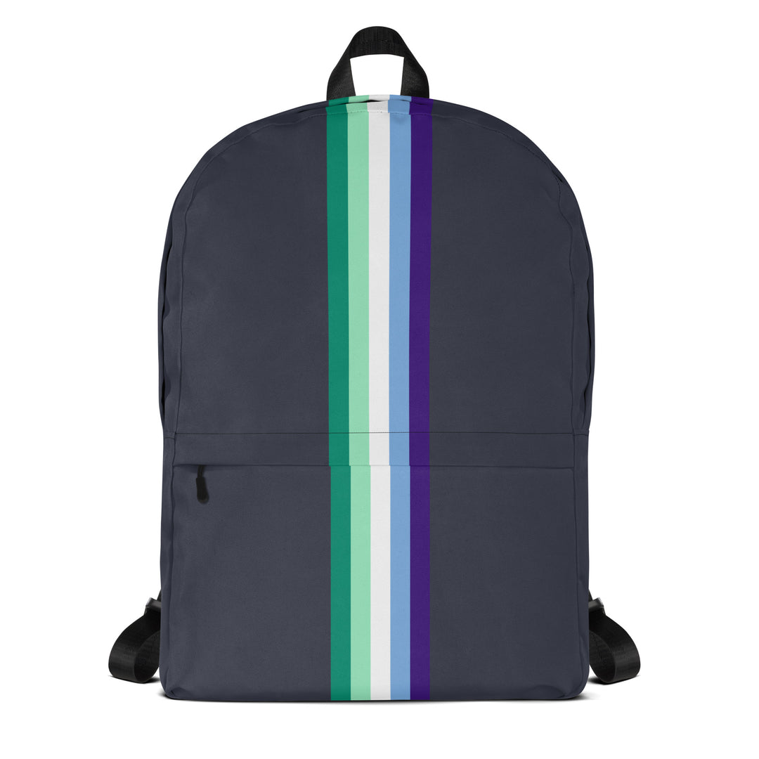 Midnight blue backpack with a Gay Men's Pride Flag as a narrow vertical stripe from top to bottom, on a white background. 