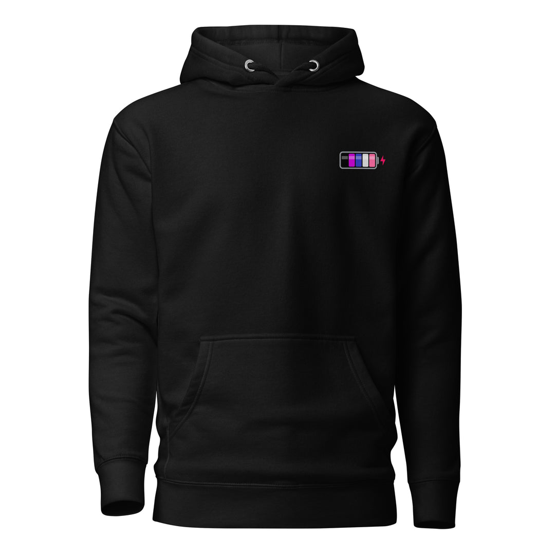 A black hoodie with the hood down, on a white background, with a battery symbol on the right chest as you look at it, with the charging progress section in the colours of the Gender Fluid Pride Flag