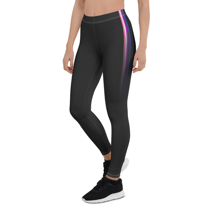 A person wears a pair of black leggings and black trainers. The leggings have the pink, white, purple, black. and blue stripes of the gender fluid pride flag fading out down the side.