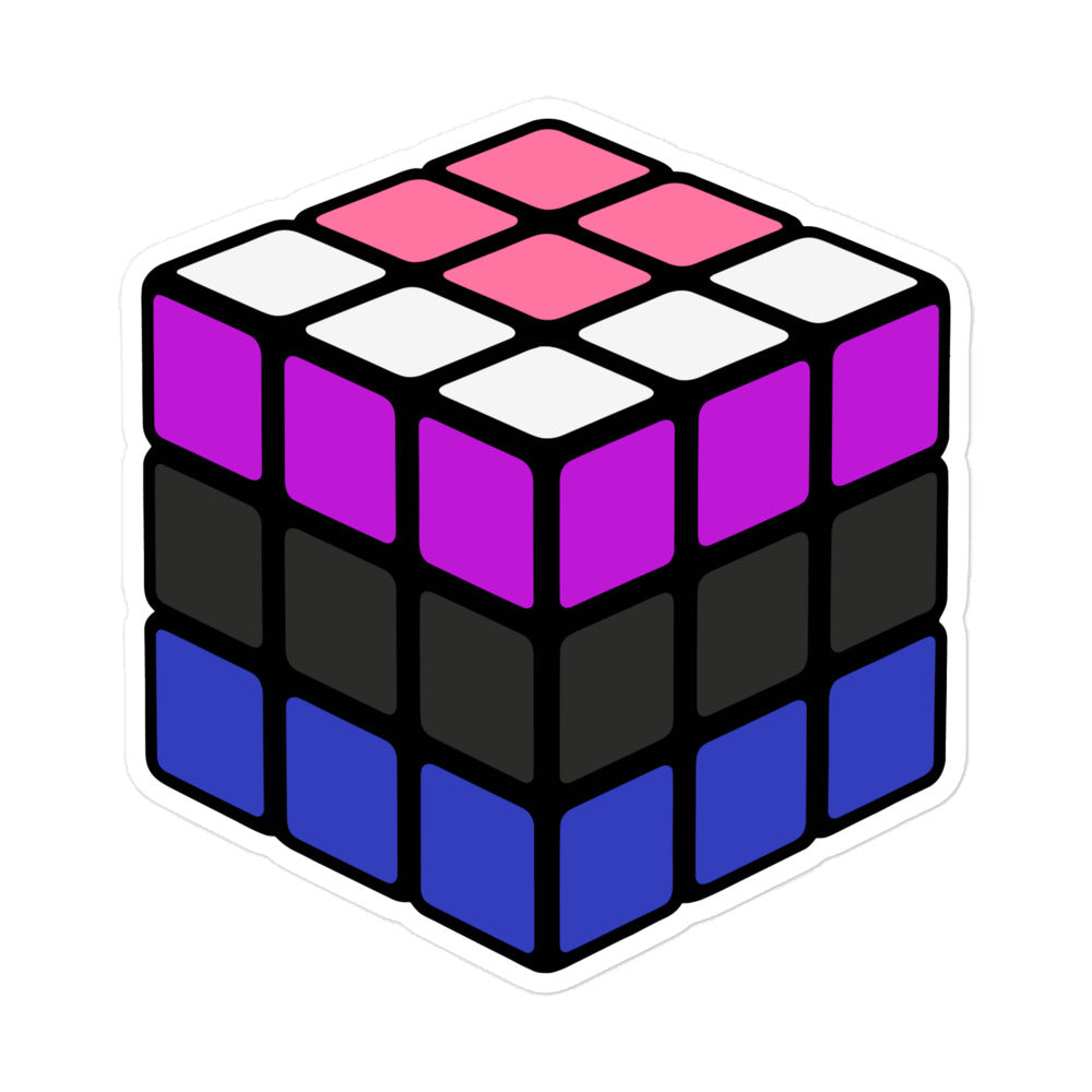 An illustration of a Rubik's Cube with the individual panels in the coloured  stripes of the Gender Fluid Pride Flag. By The Rainbow Stores