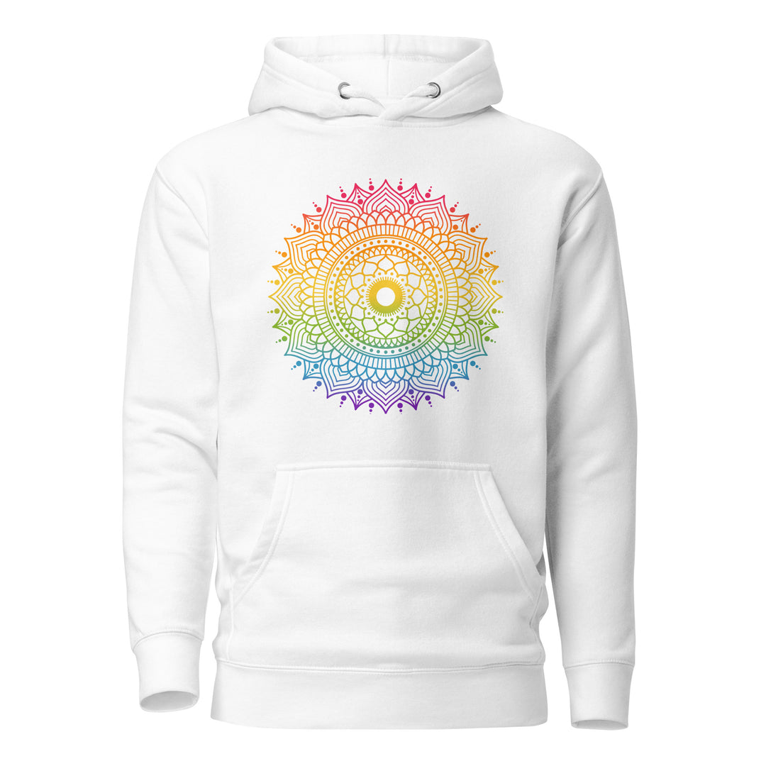 A white hoodie with the hood down, on a white background. On the front is a mandal design in the graduated colours of the  Rainbow Pride. By The Rainbow Stores