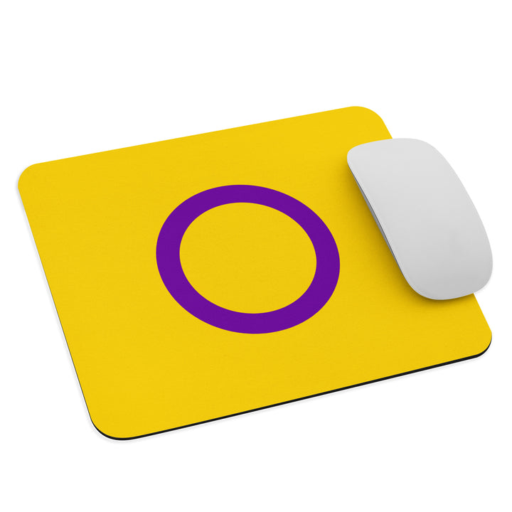 A rectangular mouse pad / mouse mat in the stripes of the Intersex Pride Flag