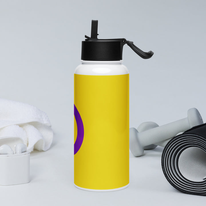 Stainless steel water bottle with a Intersex Pride Flag printed around it, with fitness equipment in the background. By The Rainbow Stores