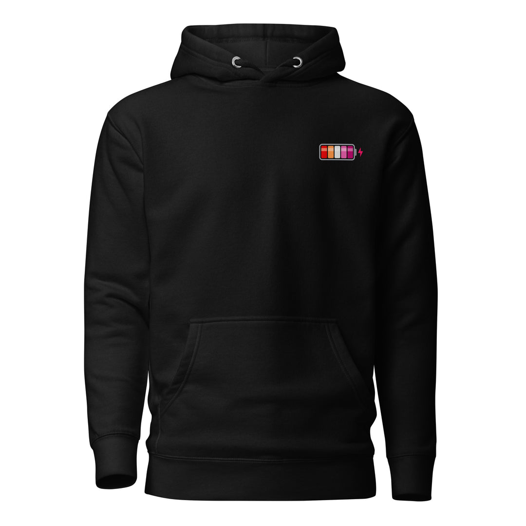 A black hoodie with the hood down, on a white background, with a battery symbol on the right chest as you look at it, with the charging progress sections in the colours of the Lesbian Pride Flag. By The Rainbow Stores