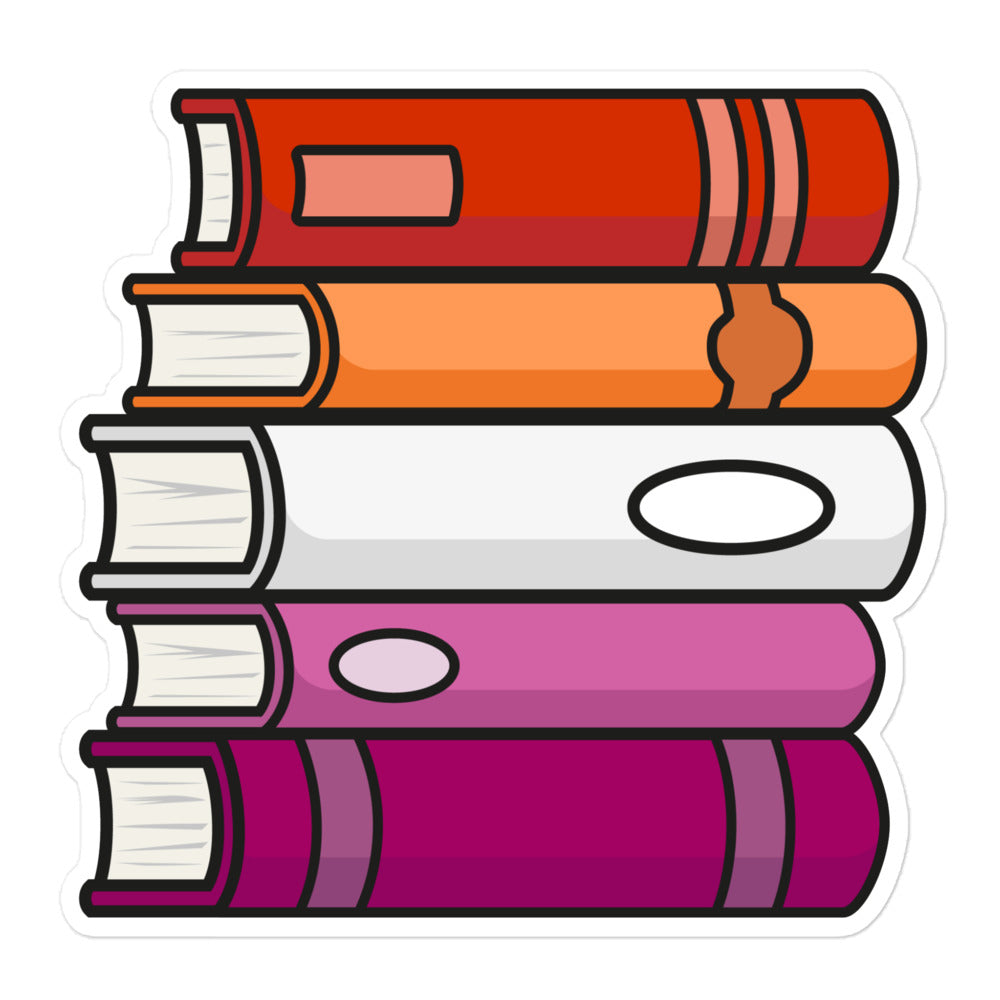 A sticker featuring an illustration of a stack of books in the colours of the Lesbian Pride Flag, with a white border