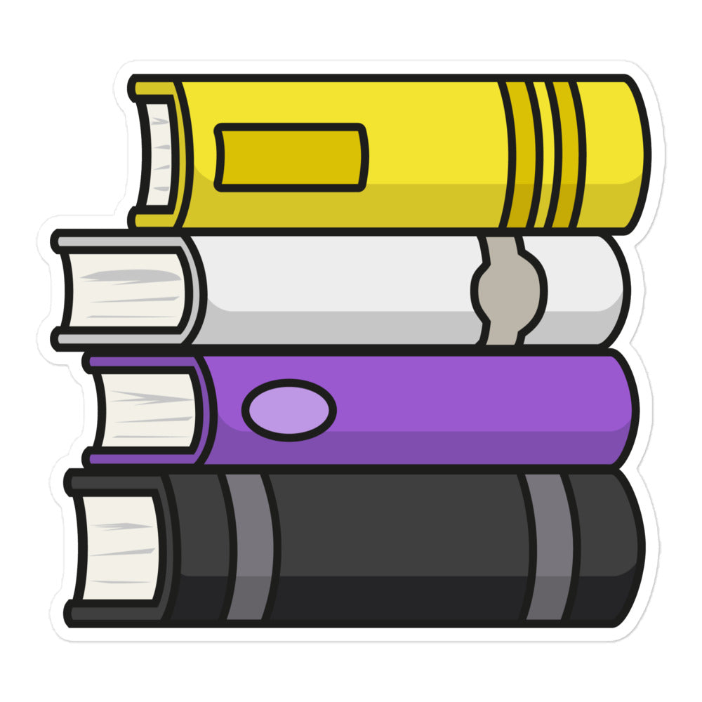 A sticker featuring an illustration of a stack of four books in the four colours of the non binary pride flag, with a white border