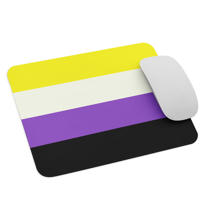 A rectangular mouse pad / mouse mat in the stripes of the Non Binary Pride Flag