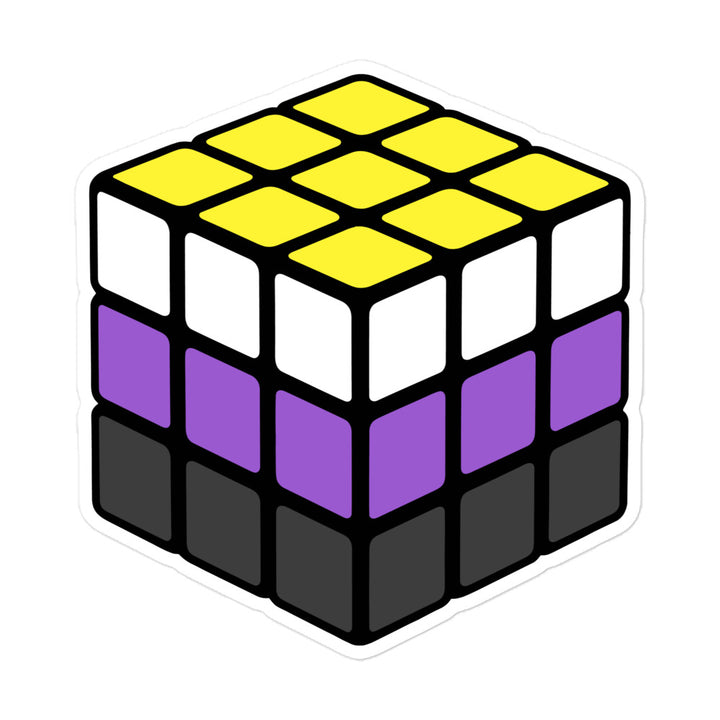 An illustration of a Rubik's Cube with the individual panels in the coloured  stripes of the Non Binary Pride Flag. By The Rainbow Stores