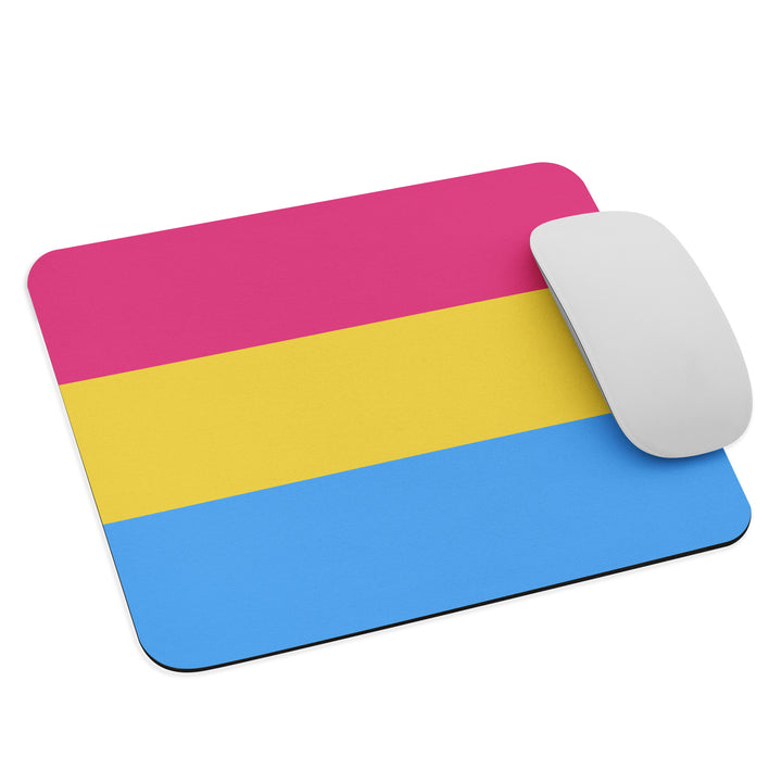 A rectangular mouse pad / mouse mat in the stripes of the Pansexual Pride Flag