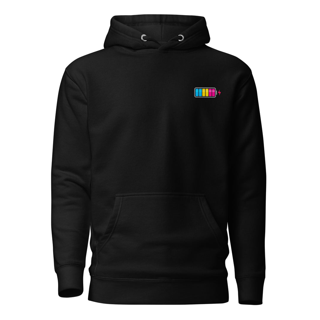 A black hoodie with the hood down, on a white background, with a battery symbol on the right chest as you look at it, with the charging progress sections in the colours of the Pansexual Pride Flag