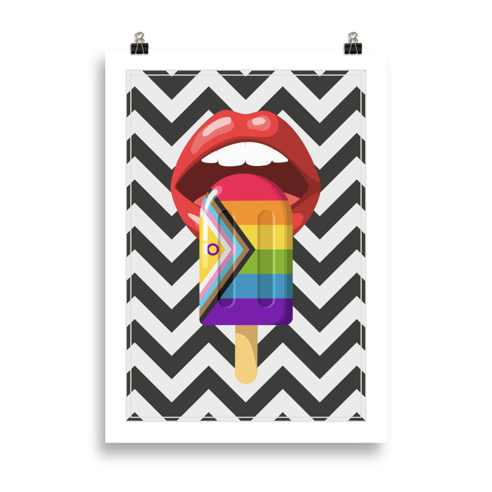A pop art print with a white border and a black  and white zig zag pattern, with an pop art mouth with red lips about the take a bit of a popsicle in the colours of the Intersex Inclusive Progress Pride Flag