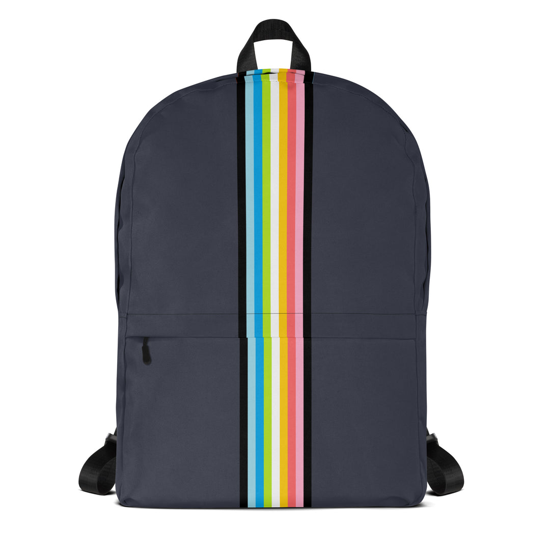 Midnight blue backpack with a Queer Pride Flag as a narrow vertical stripe from top to bottom, on a white background. 