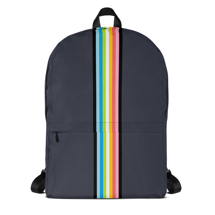 Midnight blue backpack with a Queer Pride Flag as a narrow vertical stripe from top to bottom, on a white background. 