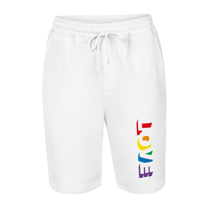 White jersey fleece long shorts with the word love vertically down the lower part of the left leg. The letters are in the colours of the shorts, but each has a shadow and the shadows are in the colours of the rainbow pride flag. The L in red, the inside of the O in orange, with the outside in yellow. Inside of the V in green and the outside in blue. And finally, the E in purple.