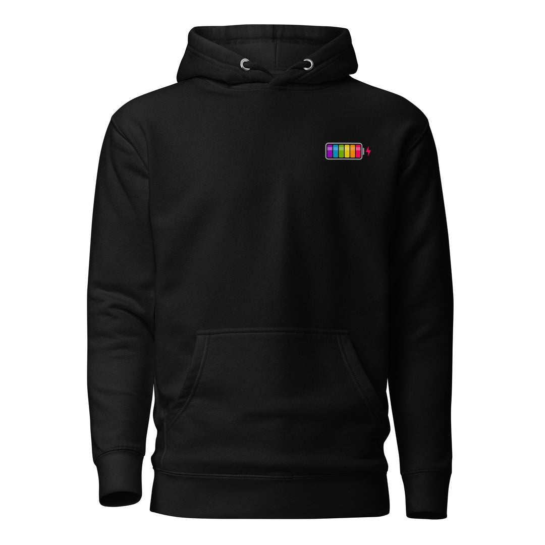 A black hoodie with the hood down, on a white background. On the right of the chest is a small battery-charge design, with the progress sections in the colours of the Rainbow Pride Flag. By The Rainbow Stores.  