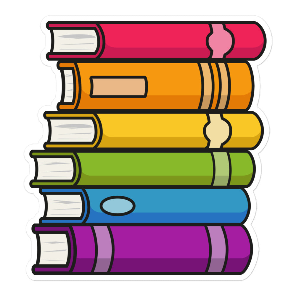 A sticker featuring an illustration of a stack of books in the colours of the Rainbow Pride Flag, with a white border