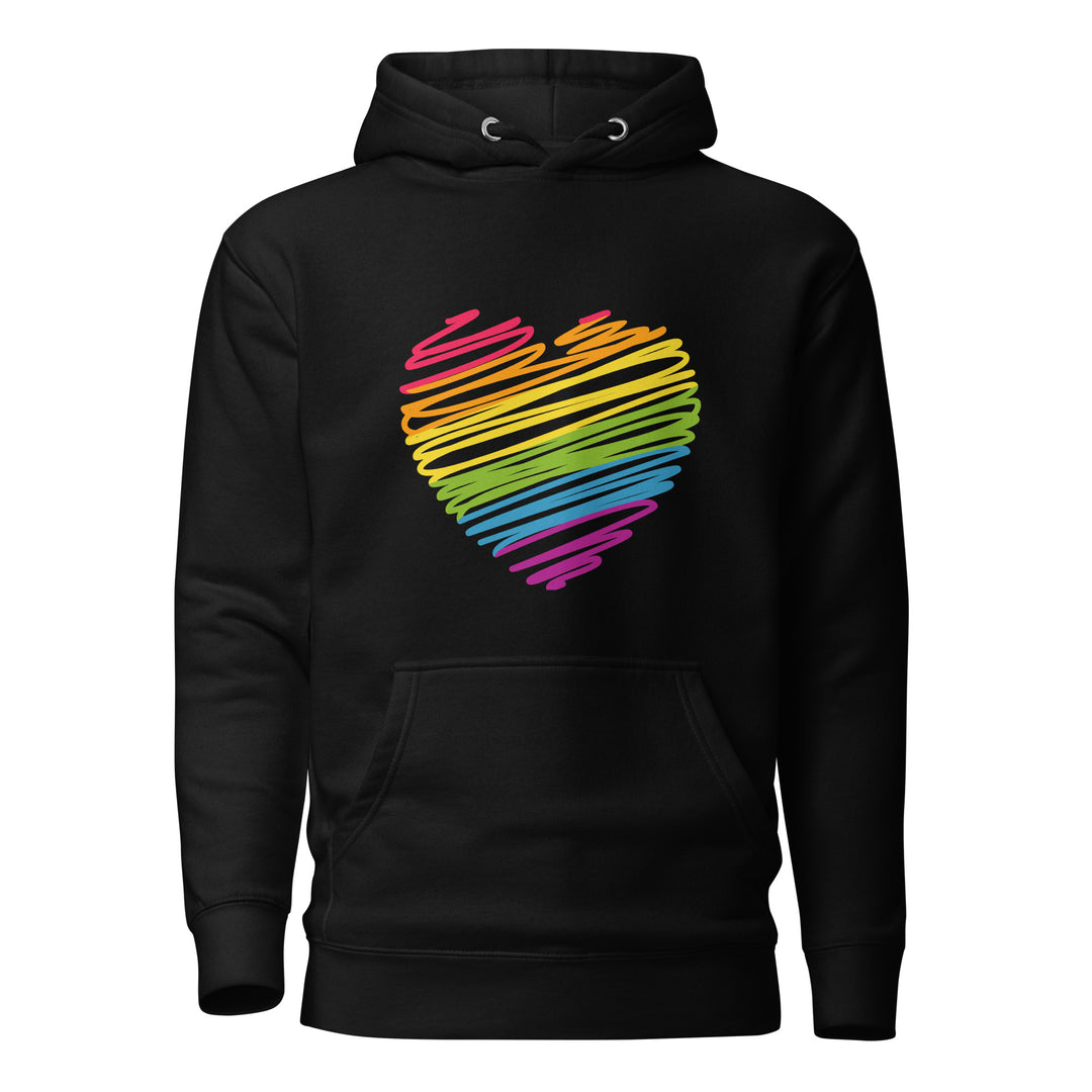 A black hood with the hood down, on a white background. On the hoodie is a hand drawn line-art heart, with the lines in the colours of the Rainbow Pride Flag. By The Rainbow Stores