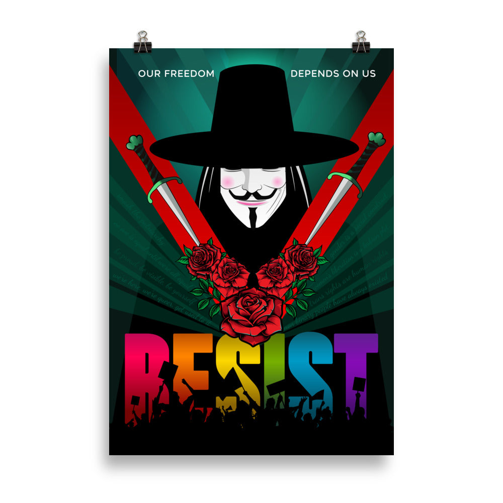 An art print poster in the style of the poster for the film V for Vendetta. With V looking down on a green background, and light rays coming from behind him, a bright red V in emblazoned in front of him and the word RESIST at the foot of the poster with each letter in a different colour of the rainbow pride flag.