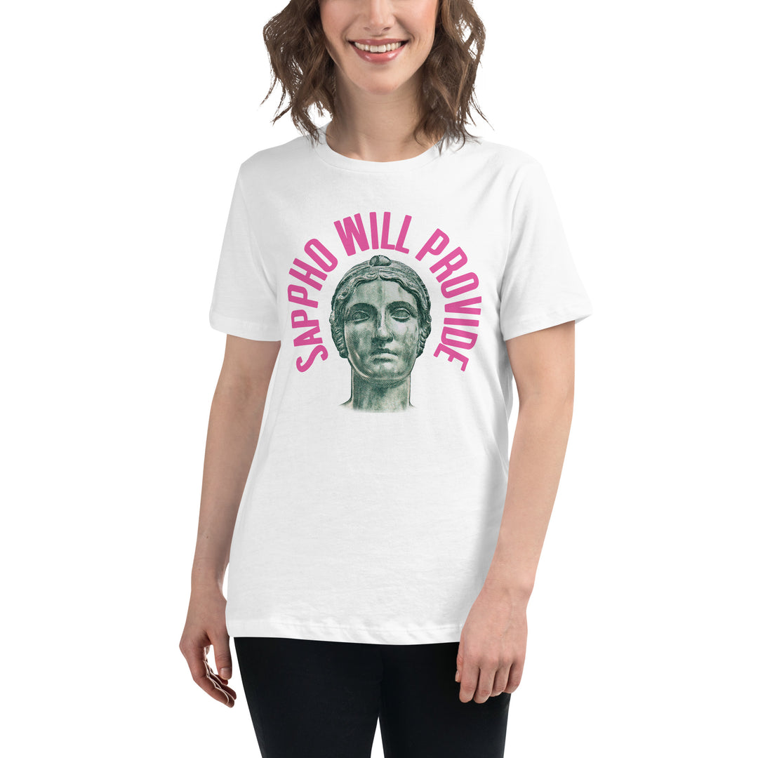 A person with long brown har is wearing a white t-shirt with a bust of the Greek poet Sappho on the front and around the head is written Sappho Will Provide in pink.